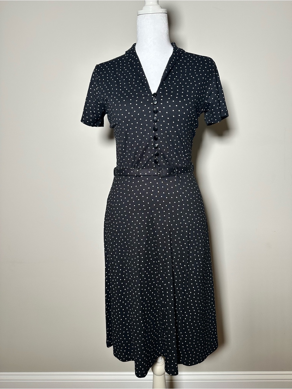 Black Polka Dot Midi Dress with Belted Waist